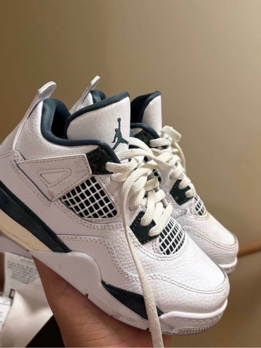 Jordan White and Dark Green Kids Basketball Sneakers